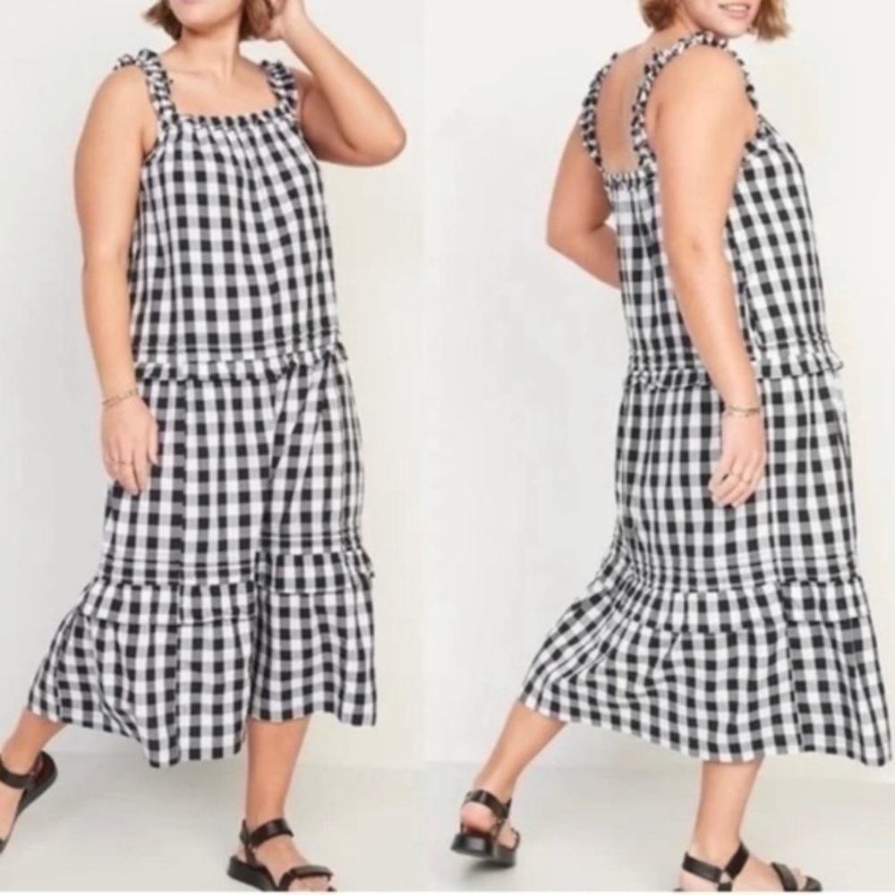 NWT Old Navy gingham checked ruffle tiered sundress pockets M